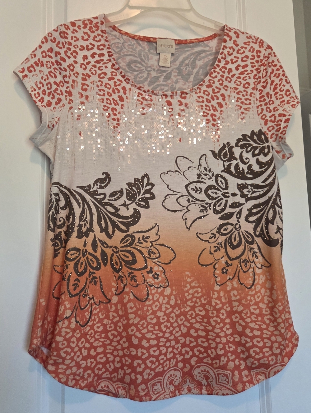 Chico's Orange Ombre Floral & Sequin Scoop Neck Top